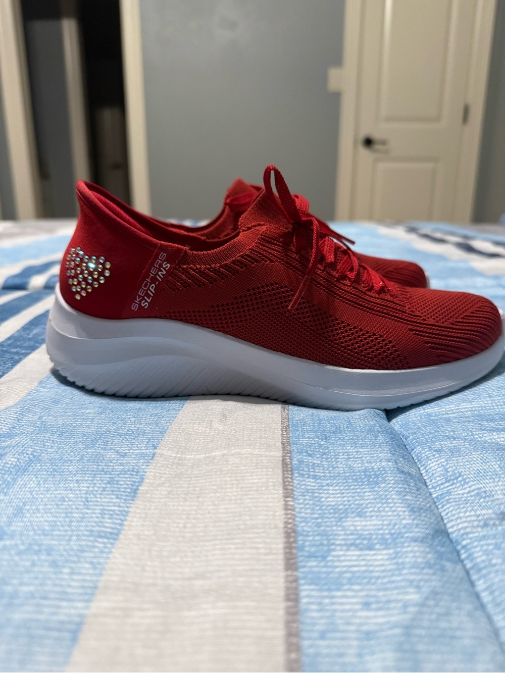 Skechers Red Knit Slip-On Sneakers with Crystal Heart Accent